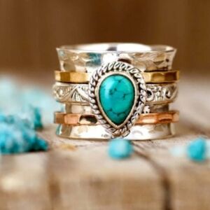 Wide Band Boho Artisan Silver Plated Turquoise Ring Size 6